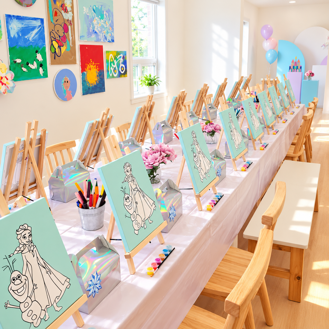 kids painting birthday party table setup