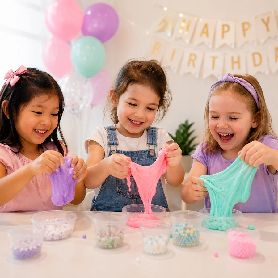 Kids slime birthday party in Toronto mixing colorful slime with glitter beads and sensory craft materials in a fun hands-on activity